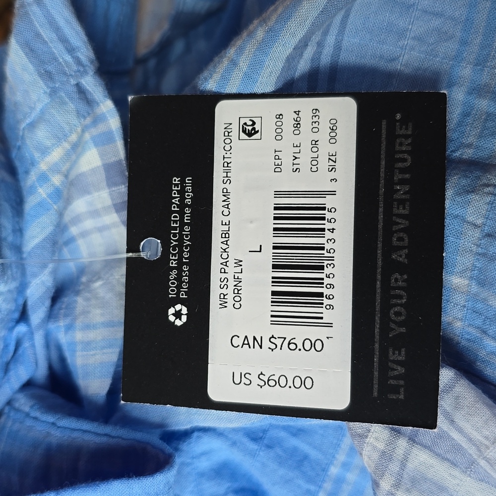 NWT Eddie Bauer Short Sleeve Packable Camp Shirt, Corn Flower Blue, Sz L - Picture 6 of 8